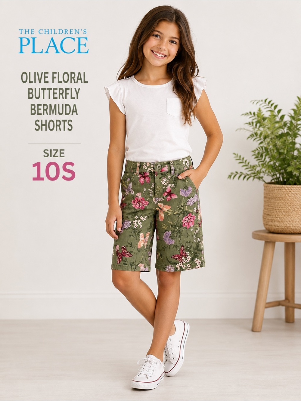 Place Olive Floral Butterfly girls Bermuda Shorts/size 10S